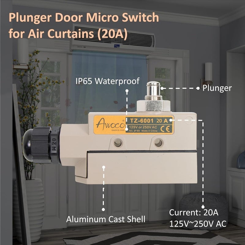 Awoco Heavy Duty Commercial Plunger Door Micro Switch for Air Curtains, 250V 20A IP 65 Limit Switch Type NO and Type NC (TZ-6001-20A) - Image 2